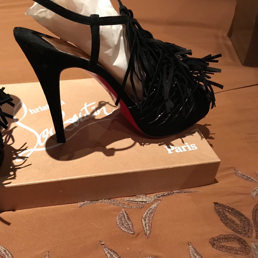 Christian Louboutin Black Suede Fringe T-Strap High Heels With Red Sole